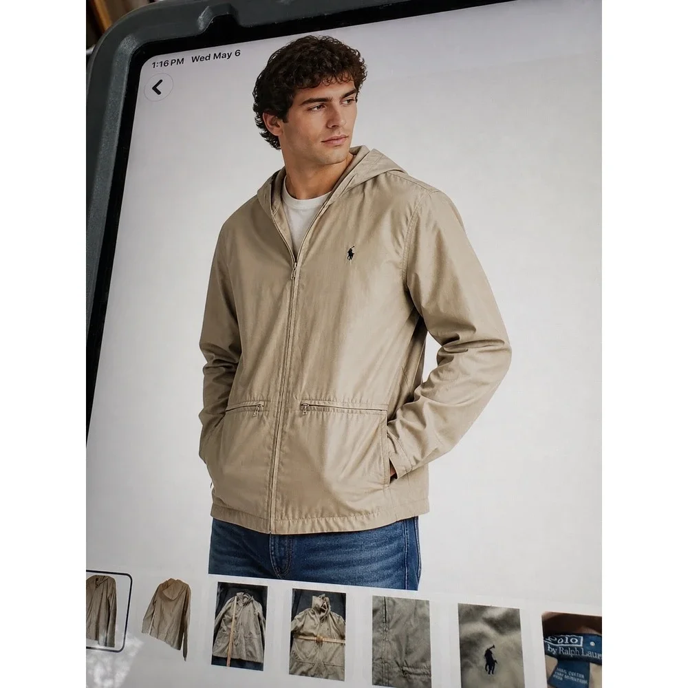 Polo Ralph Lauren Mens Tan Khaki Hooded Windbreaker Minimalist collegiate small